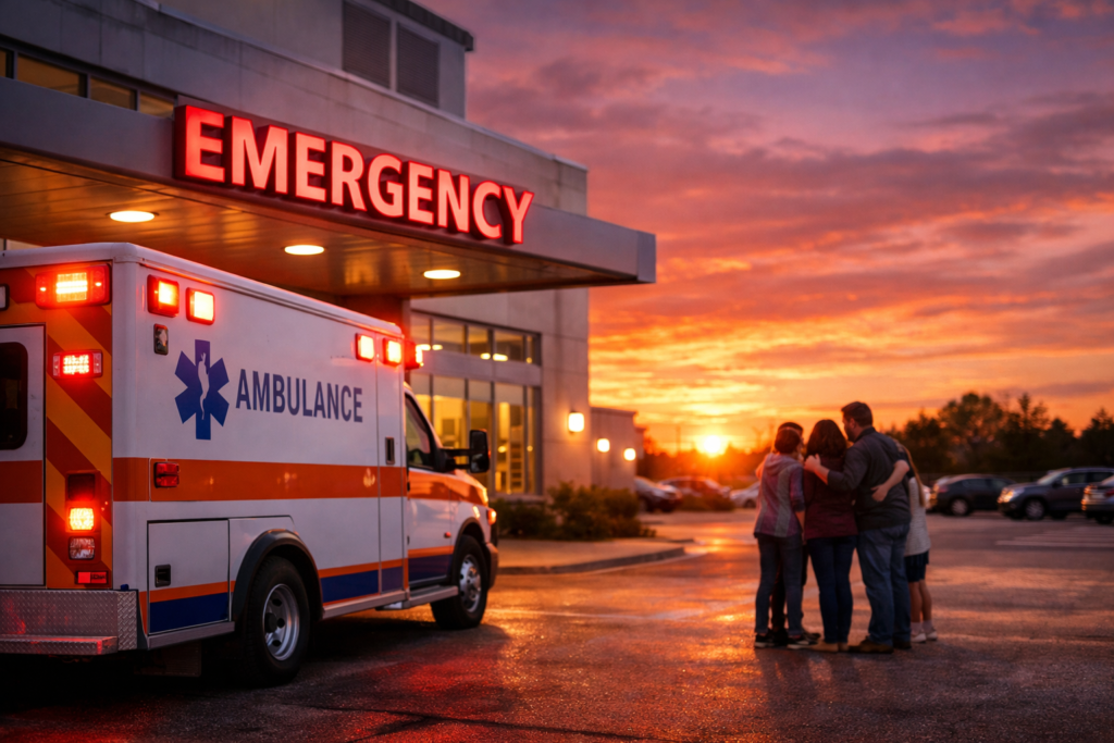 A family gathered outside a hospital emergency room at sunset